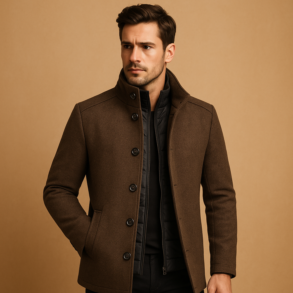 Herren Wollmischungs-Jacke mit Stehkragen – Taillierte Einreihige Elegante Oberbekleidung für Geschäft Büro Alltag Stadt und Herbst Winter