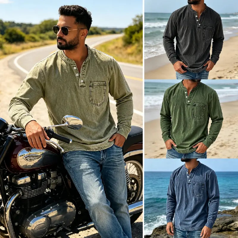 Herren-Jeanshemd mit langem Ärmel, V-Ausschnitt und Brusttasche