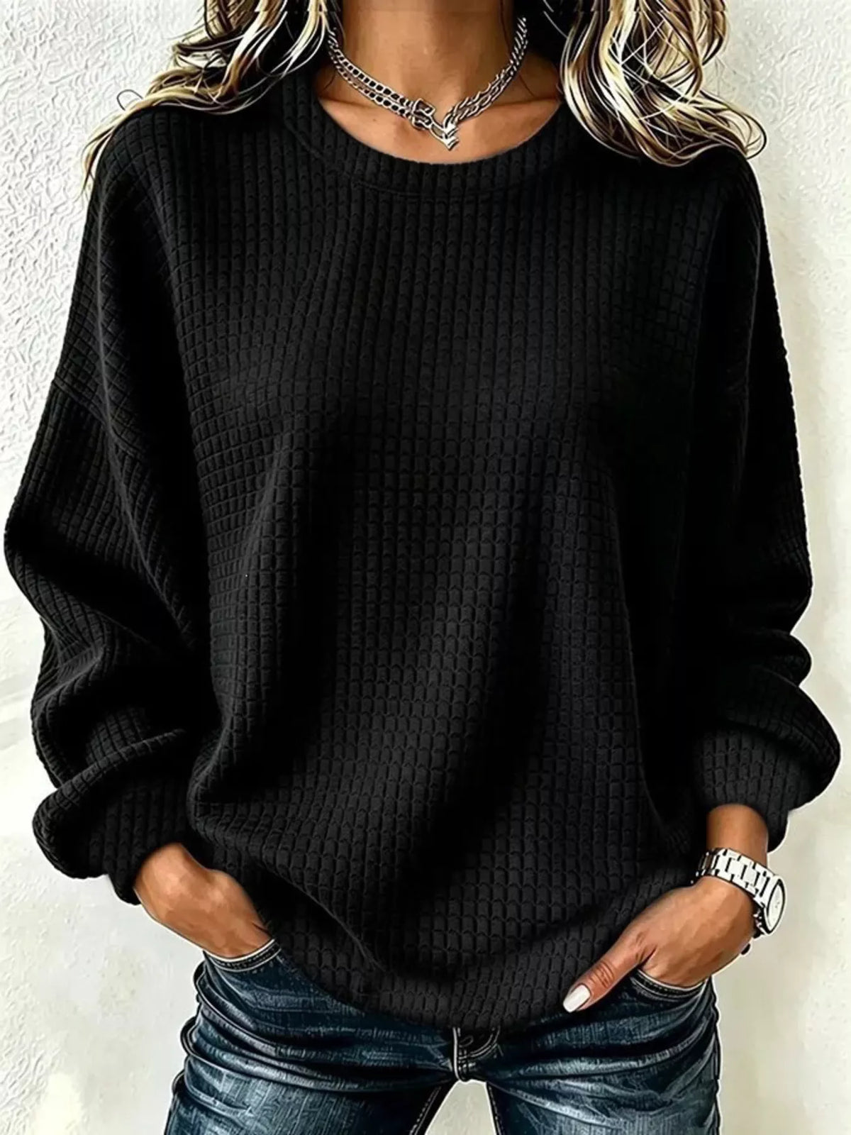 Waffelstrick Langarm Rundhals Sweatshirt in Übergrößen