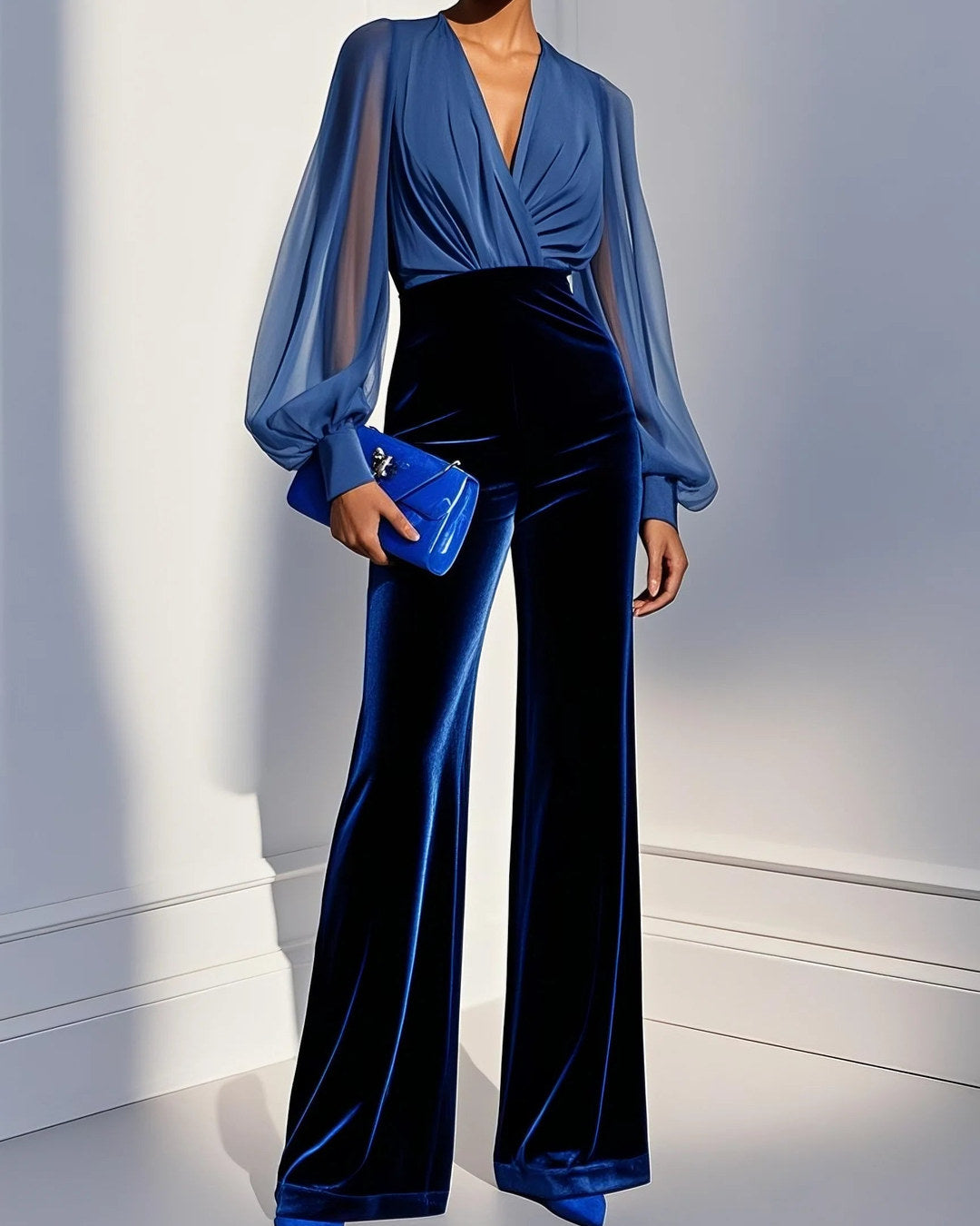 Eleganter Jumpsuit mit V-Ausschnitt, Blau