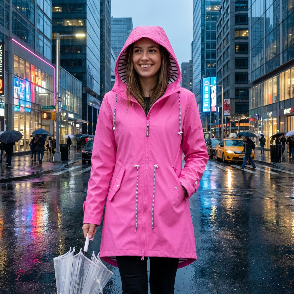 Wasserdichte lange Regenjacke für Damen mit verstellbarer Kapuze und atmungsaktivem Stoff