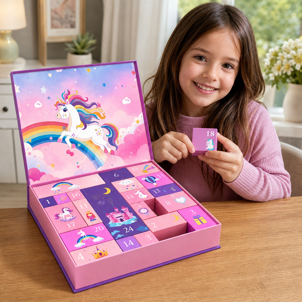 24-Tage-Einhorn-Adventskalender mit Haarschmuck, Aufklebern & Überraschungsgeschenken