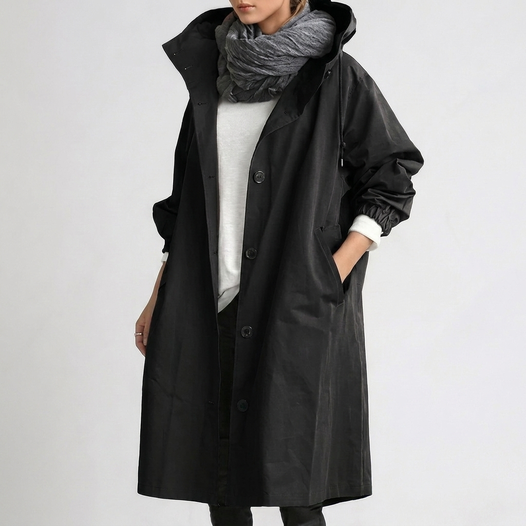 Damen Regenmantel mit Kapuze, Knopfleiste und langer Länge