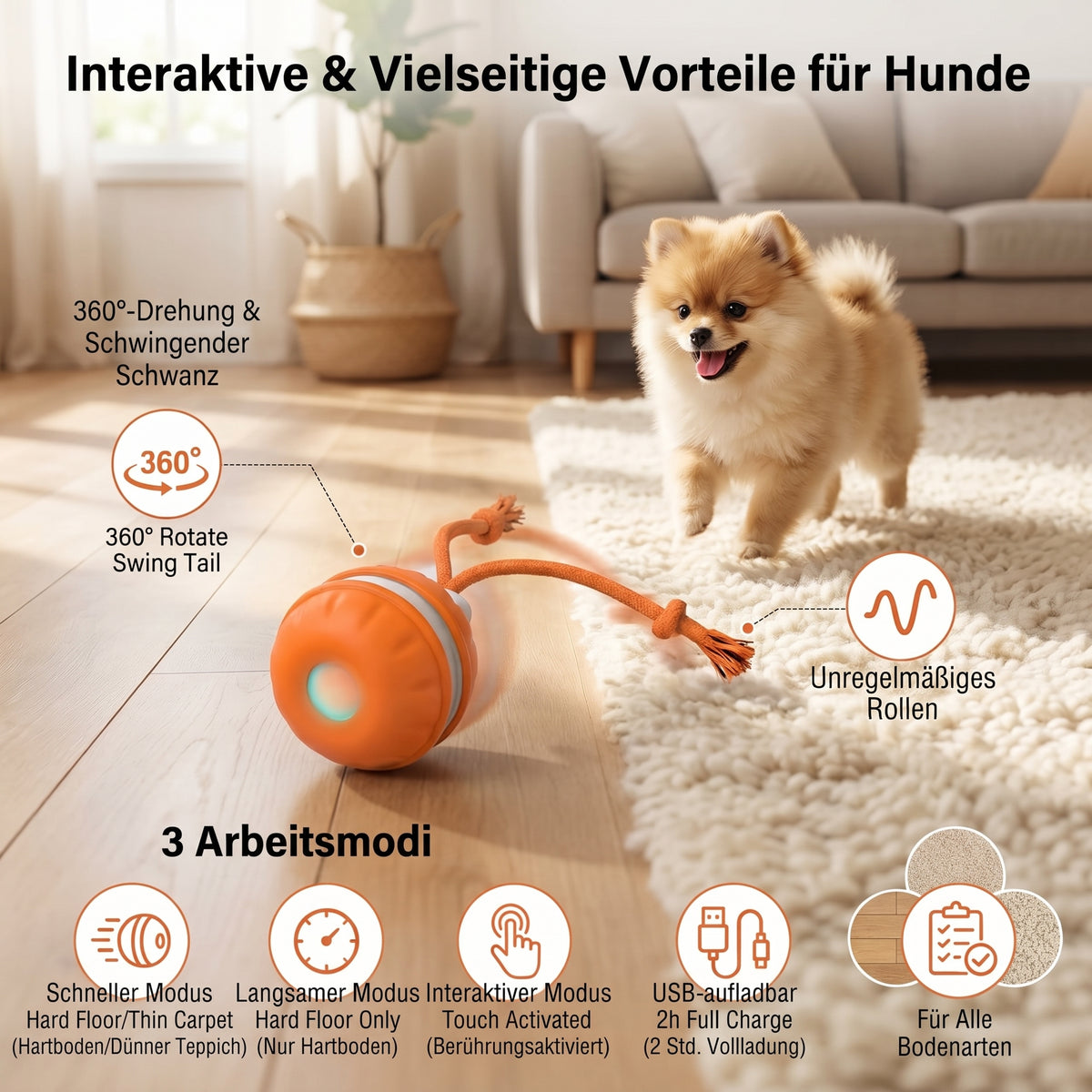 Camp Basel | Langlebiger Hunde-Spielball mit Bewegungssensor und Zugseil in hundefreundlichen Farben