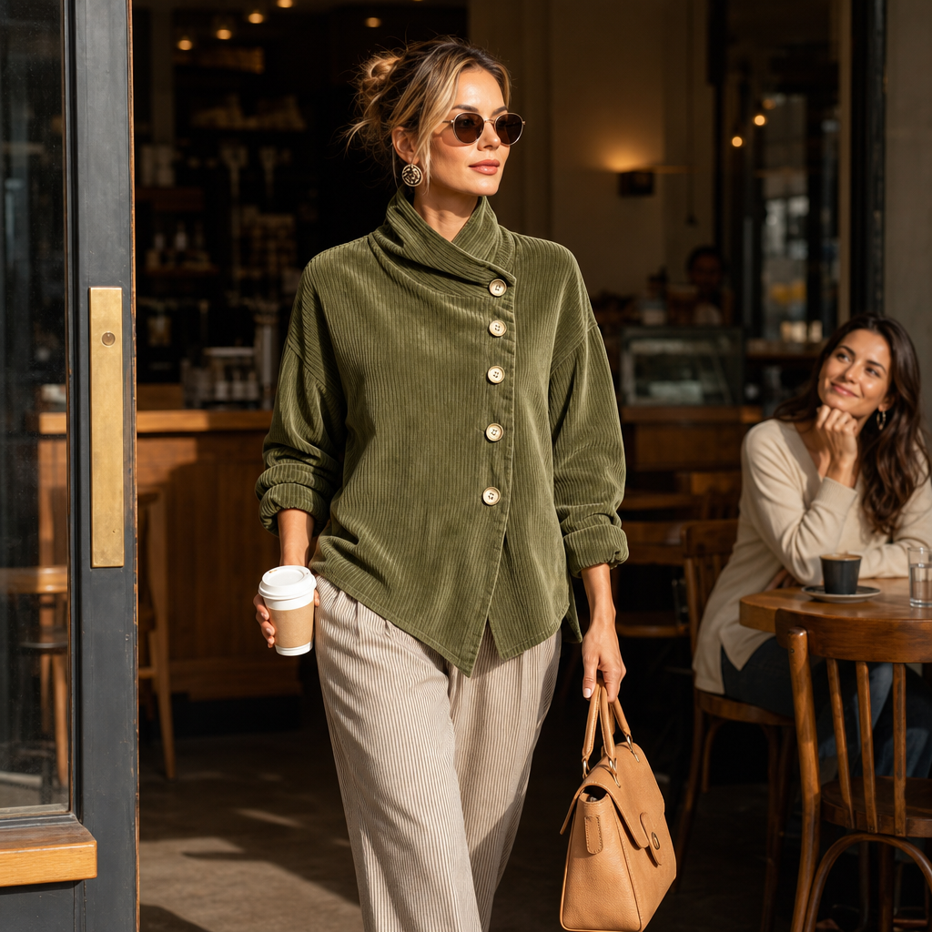 Funnel Collar Asymmetrisches Cord-Top mit Knopfleiste