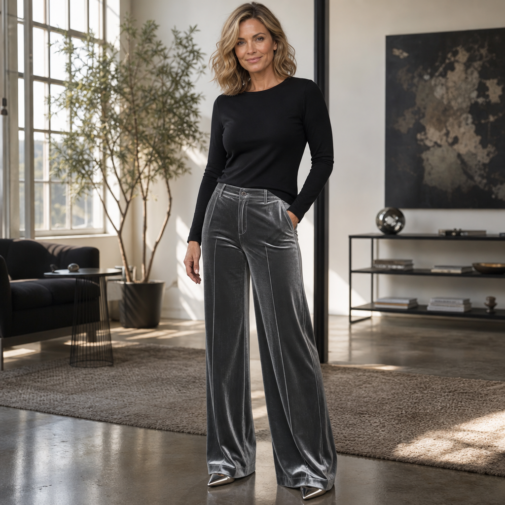 Samt-Hose mit hoher Taille und weitem Bein