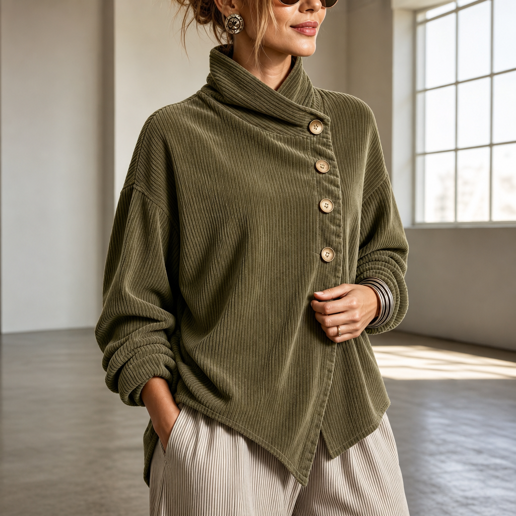 Funnel Collar Asymmetrisches Cord-Top mit Knopfleiste