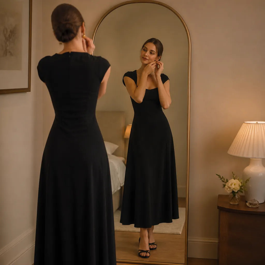 Quadratisches Ausschnitt A-Linien-Midikleid mit geformter Taille