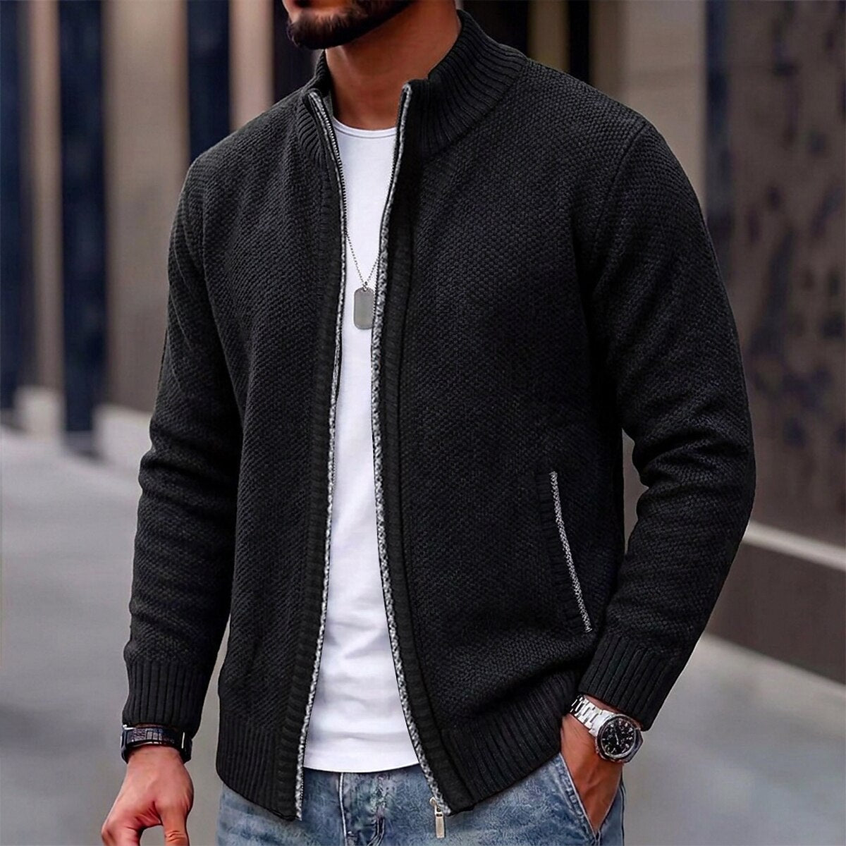 Fleece-Strickjacke mit Reißverschluss und Rippenstrick