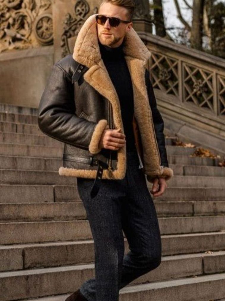 Herren Lammfell-gefütterte Aviator-Lederjacke mit Reißverschluss