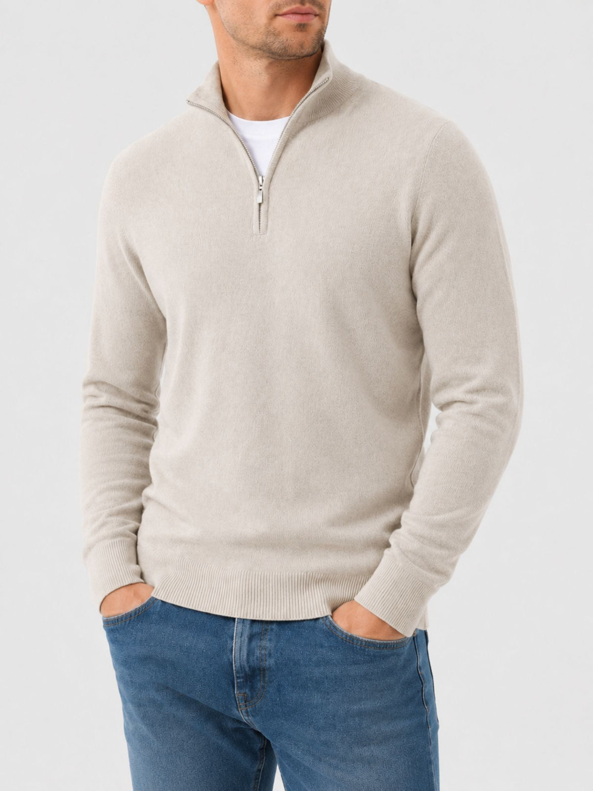 Herren-Pullover aus Merinowolle mit V-Ausschnitt und Reißverschluss-Detail