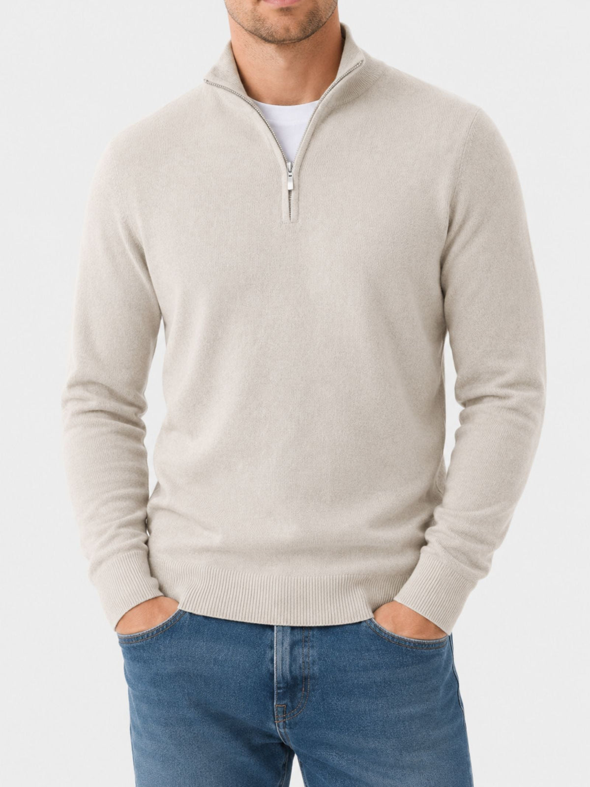 Herren-Pullover aus Merinowolle mit V-Ausschnitt und Reißverschluss-Detail
