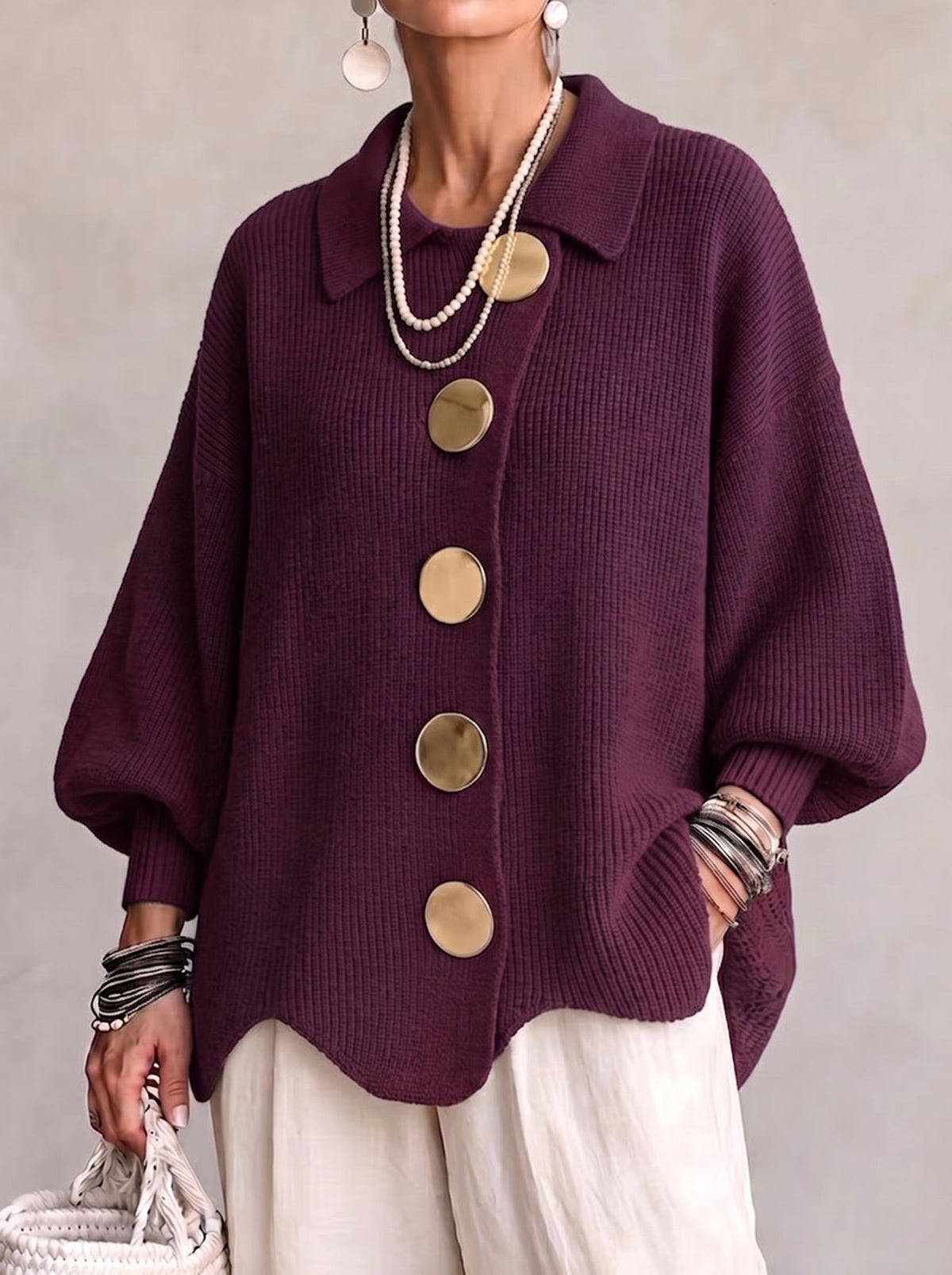 Oversized Cardigan mit Kragen und großen Metallknöpfen