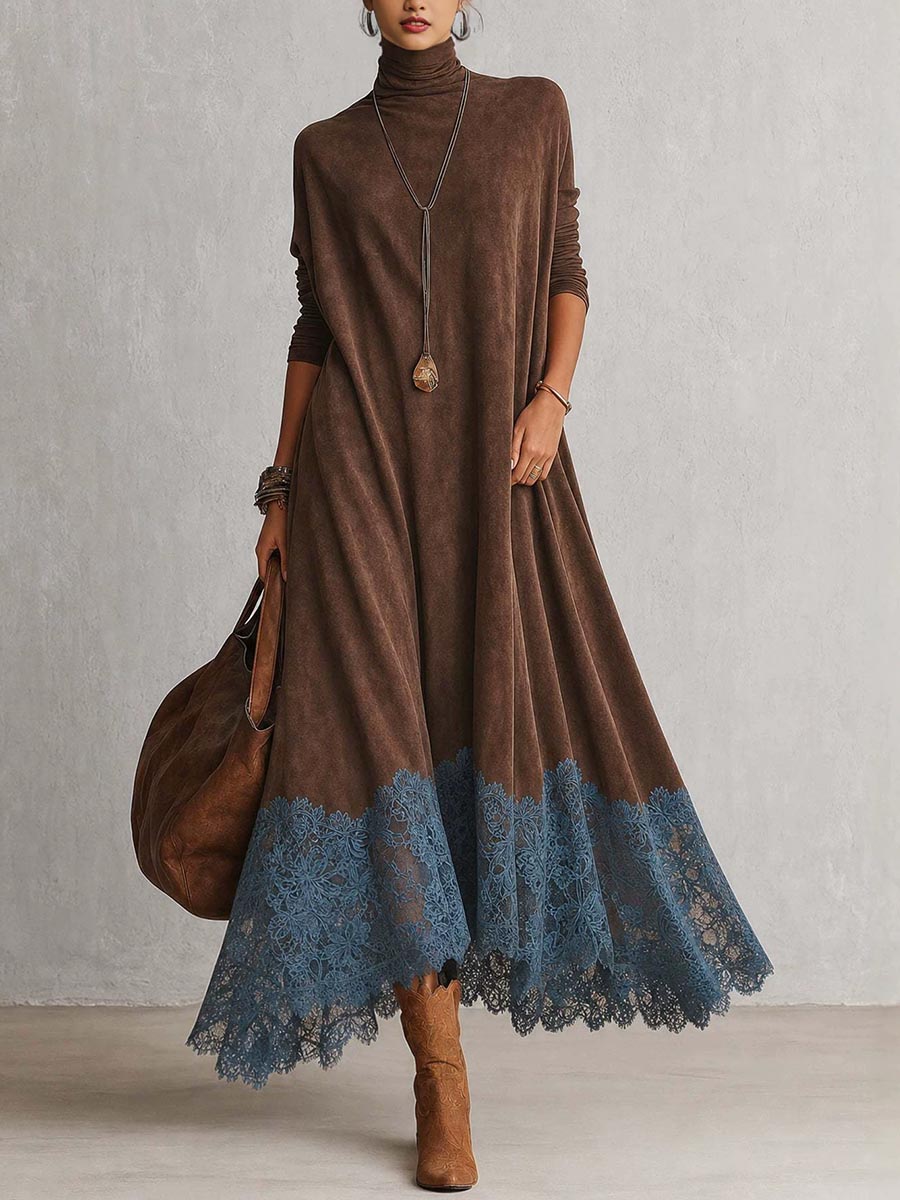 A-Linien-Kleid mit hohem Kragen, Spitzenpaneelen und langen Ärmeln