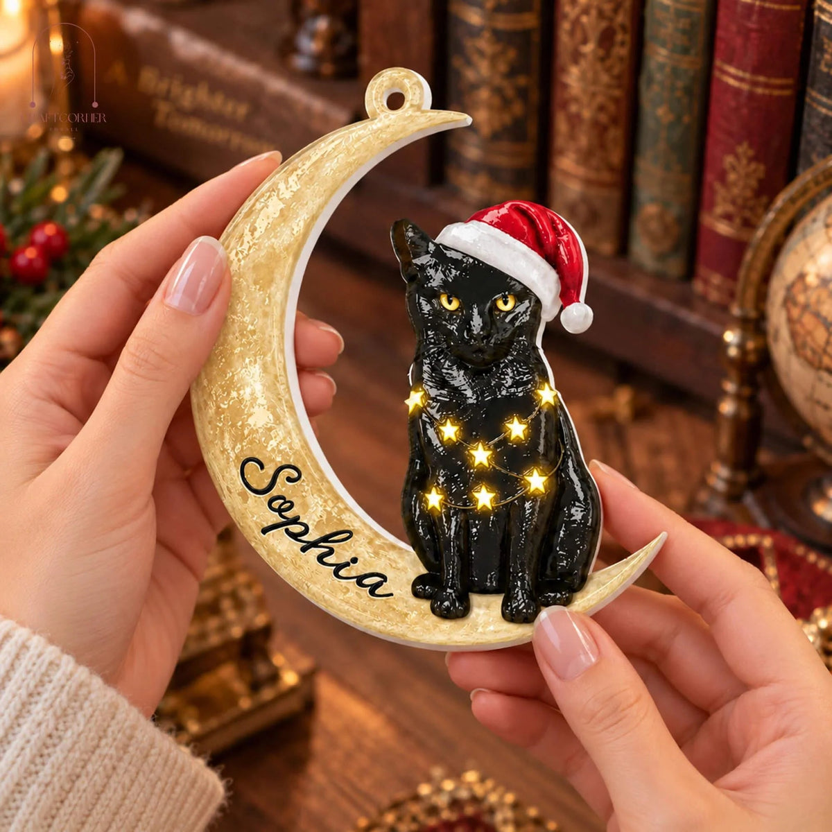 Personalisierte schwarze Katze auf Halbmond Holzornament - Katzenliebhaber Weihnachtsbaum Deko