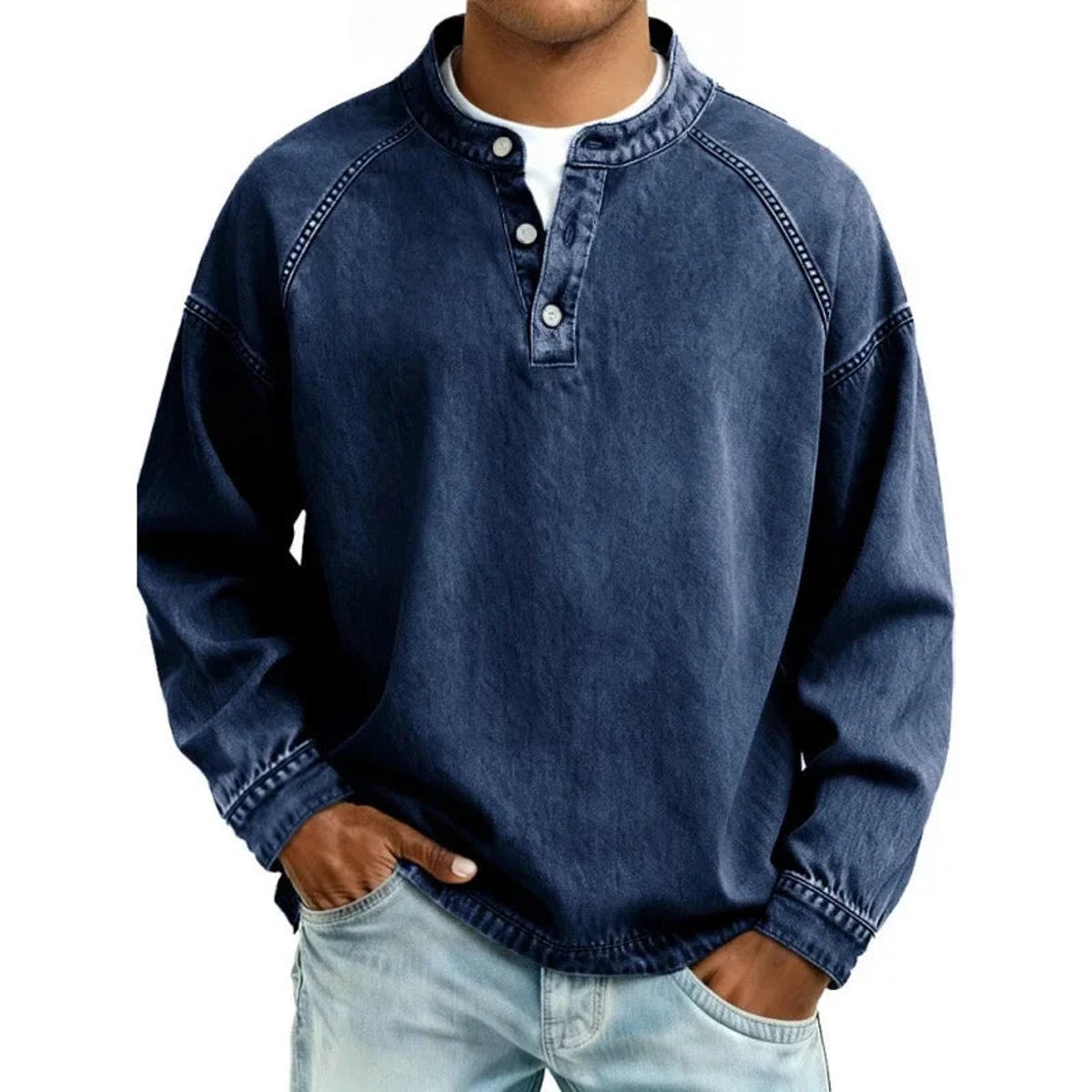 Herren Vintage-Wash Denim-Look Henley Pullover Sweatshirt