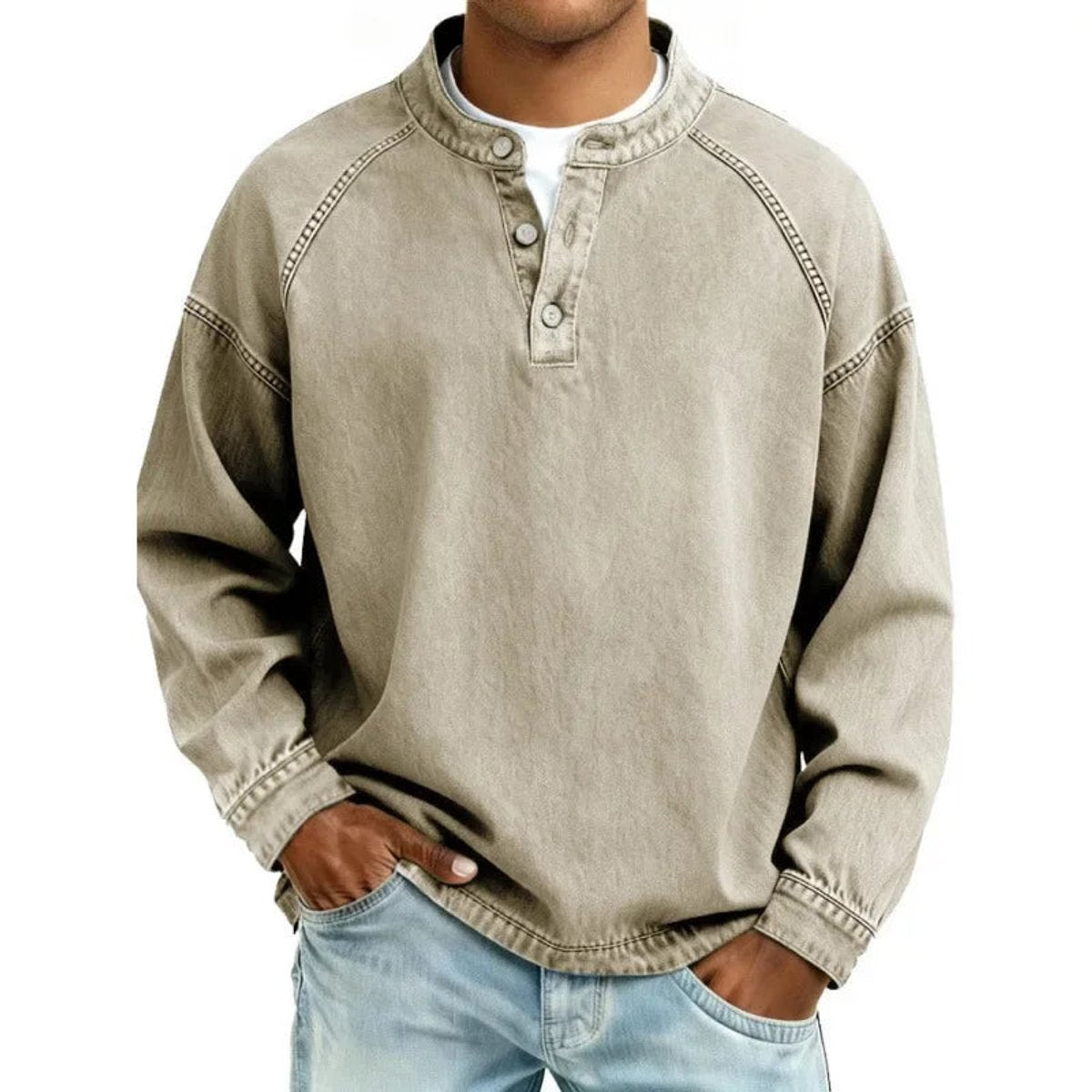 Herren Vintage-Wash Denim-Look Henley Pullover Sweatshirt
