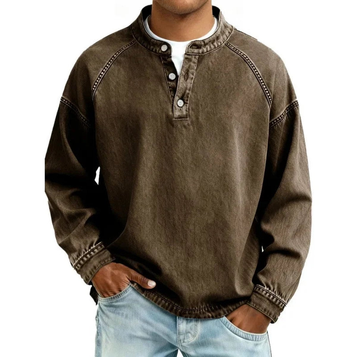 Herren Vintage-Wash Denim-Look Henley Pullover Sweatshirt