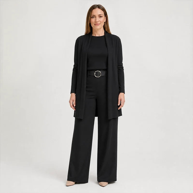 3-teiliges geripptes Strick-Reise- & Lounge-Set (Cardigan + Top + Hose mit weitem Bein)