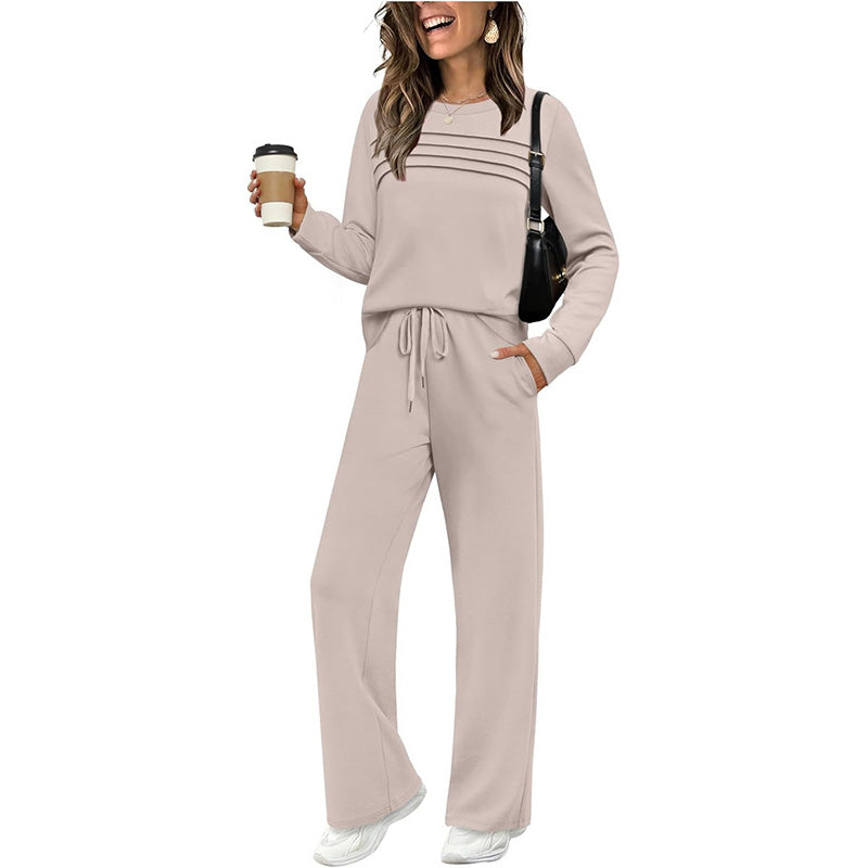 Bequemes und stilvolles Damen-Set – Rundhals-Shirt + Kordelzughose