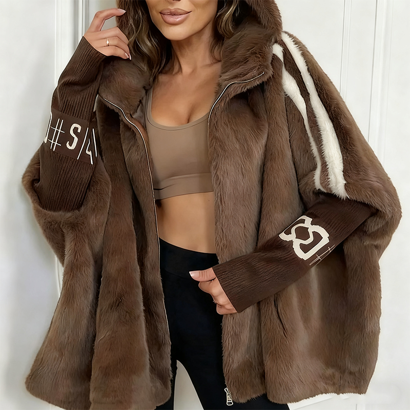 Lässiger Kapuzen-Reißverschluss-Mantel aus Plüsch für Damen - Fleecefutter mit versteckter Tasche
