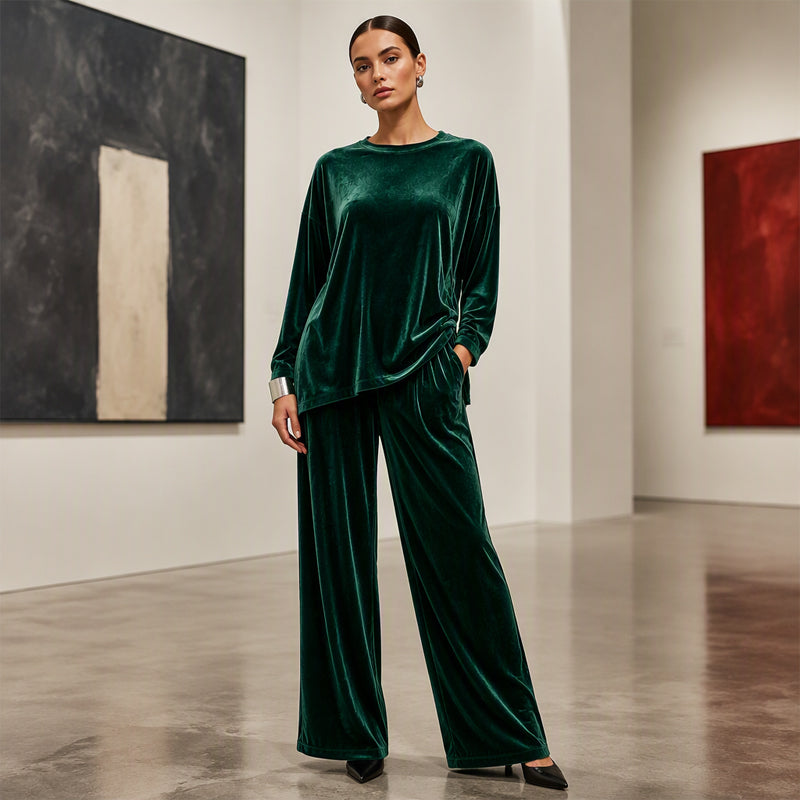 Damen Samt Langarm-Top & Hose mit weitem Bein Set