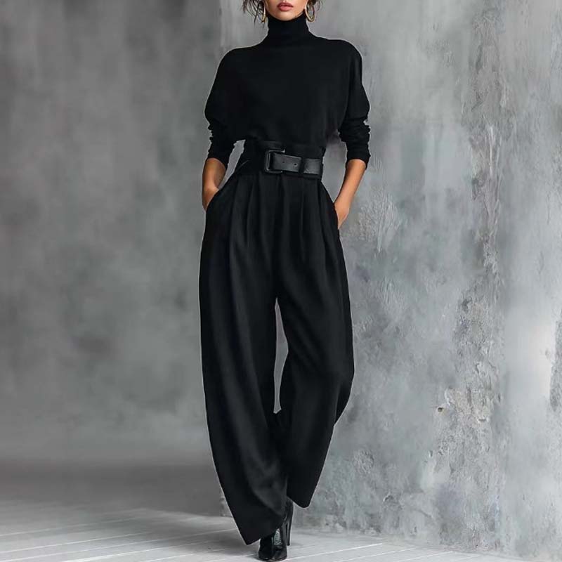 Eleganter Damen-Zweiteiler: Rollkragen-Shirt & Hose mit hohem Bund