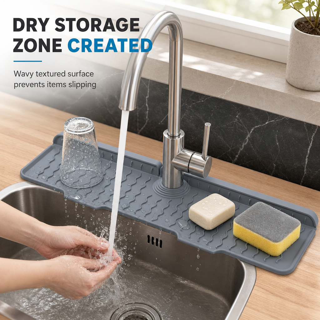 Zuschneidbare Spritzschutzmatte aus Silikon für Wasserhahn – selbstdrainierend & hält die Arbeitsplatte trocken