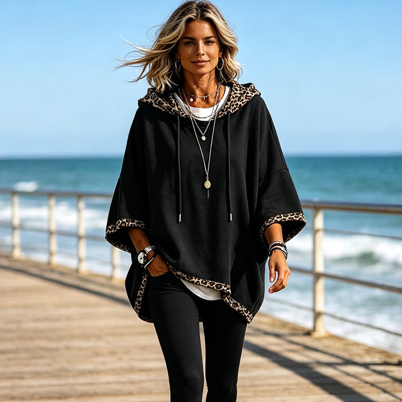Damen Hoodie mit weitem Schnitt und Kordelzug mit Leoparden-Detail