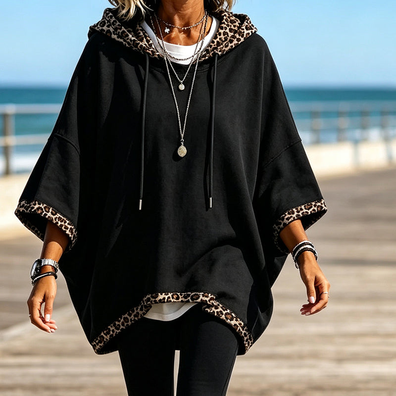 Damen Hoodie mit weitem Schnitt und Kordelzug mit Leoparden-Detail