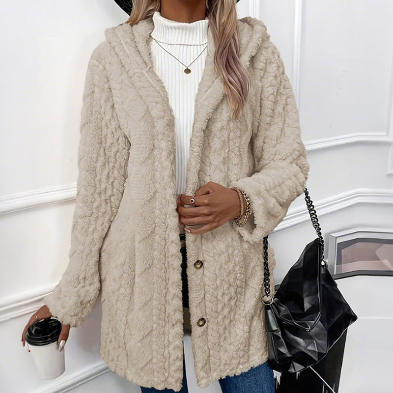 Damen-Kapuzenjacke aus Plüschfleece mit Knöpfen