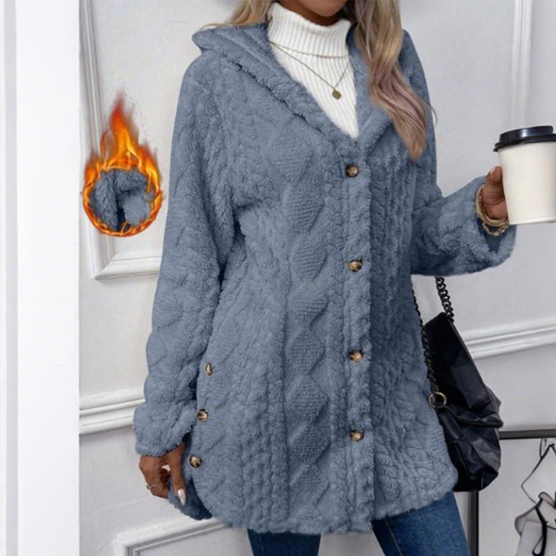 Damen-Kapuzenjacke aus Plüschfleece mit Knöpfen