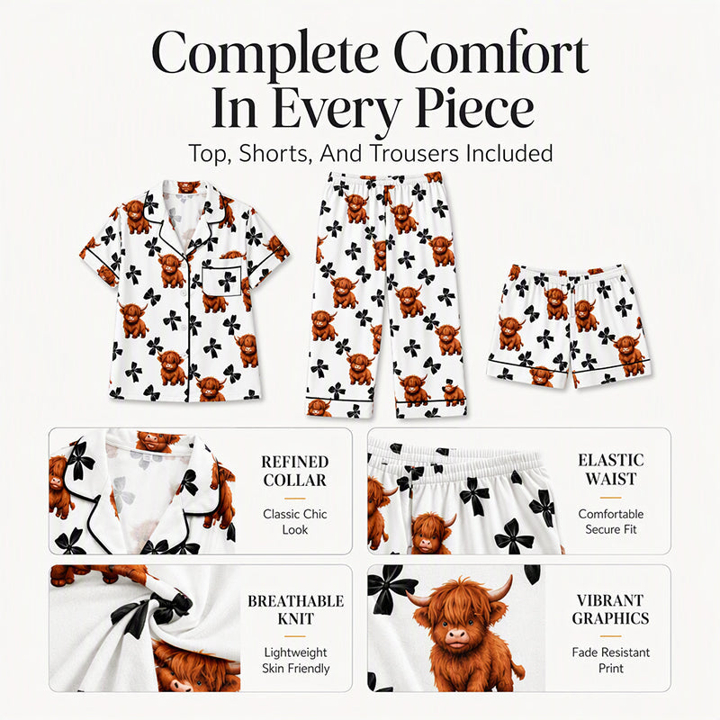 Damen Highland-Kuh-Print 3-teiliges Pyjama-Set