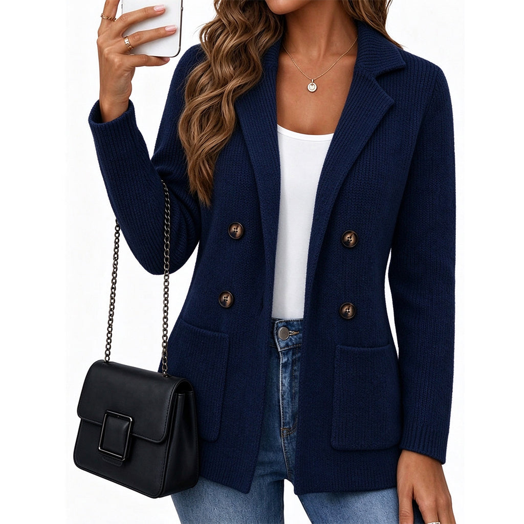 Damen Doppelreihige Gerippte Strick-Cardigan mit Taschen und Gekerbtem Revers