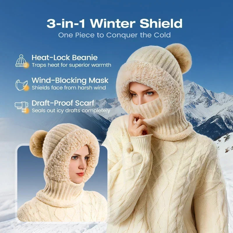 Damen Winter Einteilige Gestrickte Mütze Schal Maske