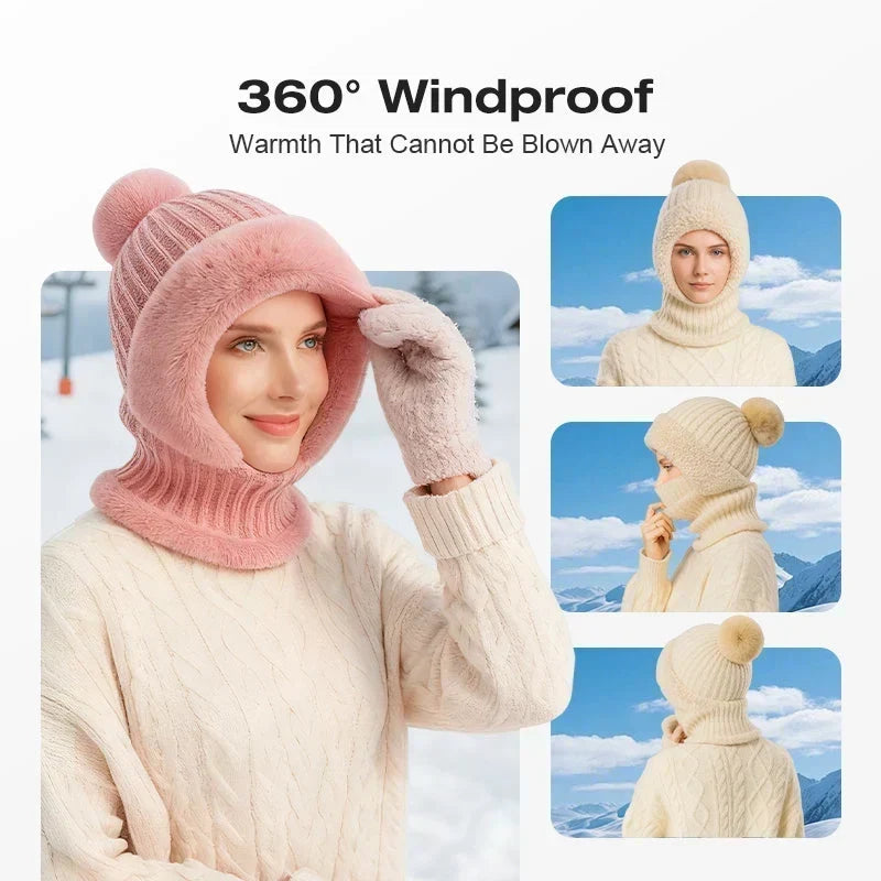 Damen Winter Einteilige Gestrickte Mütze Schal Maske