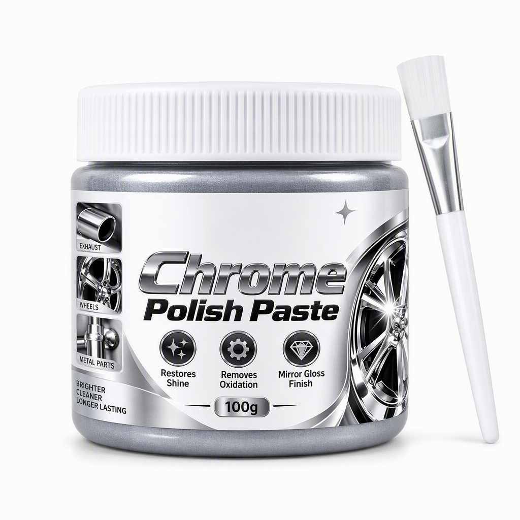 Metall Chrom Politur & Restaurator Paste mit Bürste – Hochleistungs Chrom Poliercreme, Oxidationsentferner für Autofelgen, Metallverkleidung, Wasserhähne & Chromoberflächen