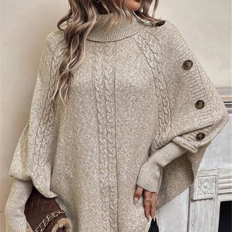 Eleganter Pullover-Poncho für Damen mit Rollkragen und asymmetrischem Saum