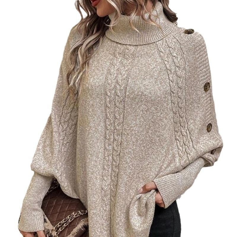 Eleganter Pullover-Poncho für Damen mit Rollkragen und asymmetrischem Saum