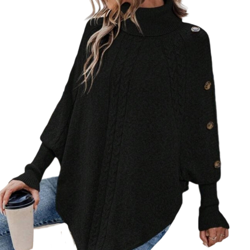 Eleganter Pullover-Poncho für Damen mit Rollkragen und asymmetrischem Saum