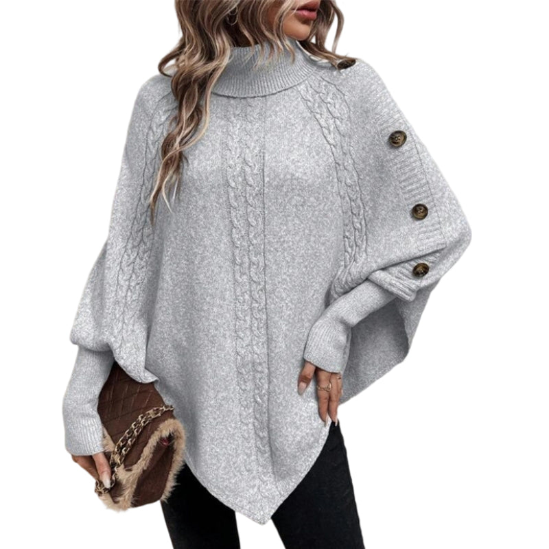 Eleganter Pullover-Poncho für Damen mit Rollkragen und asymmetrischem Saum