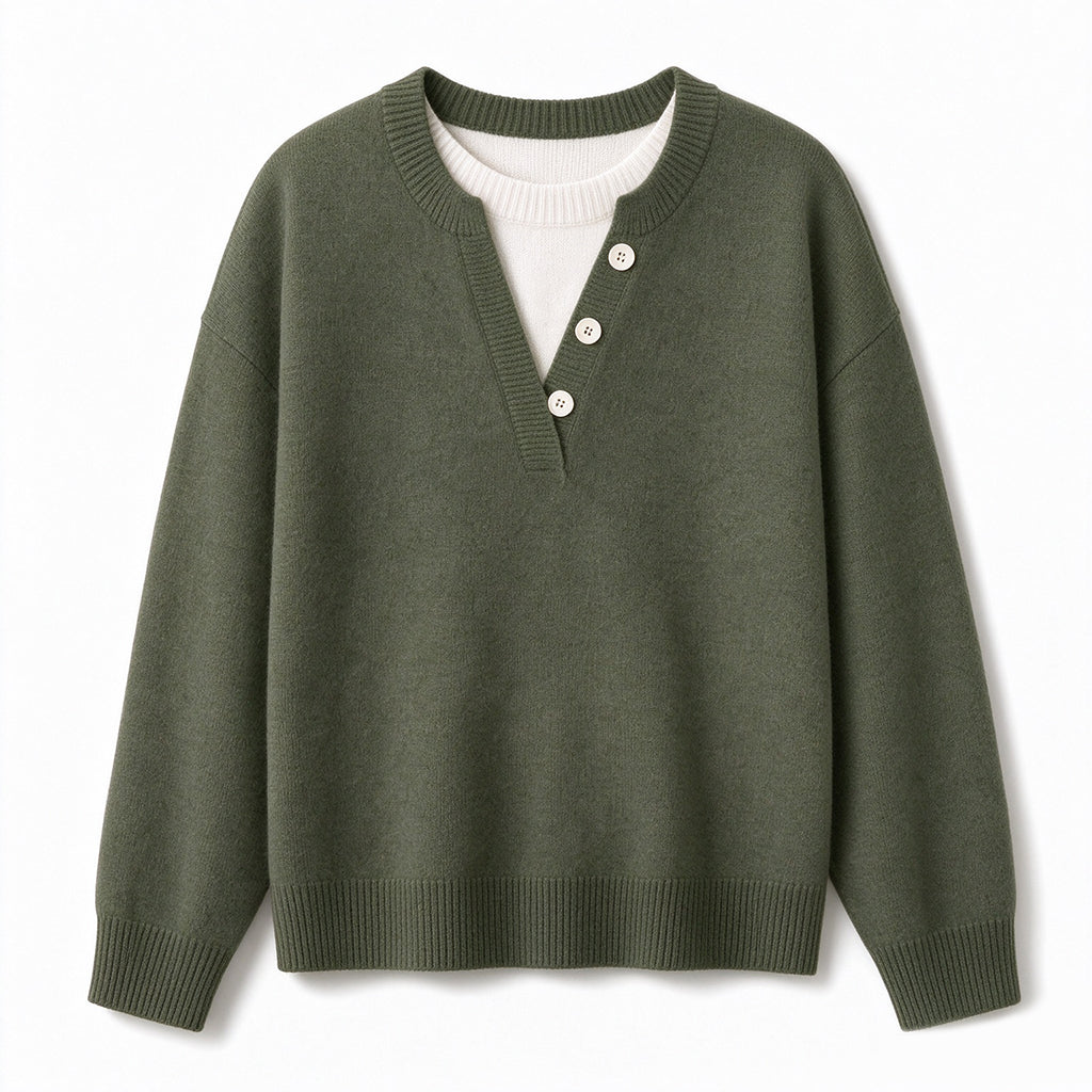 Mock Zweiteiliger V-Ausschnitt Gestrickter Pullover mit Knopfdetails