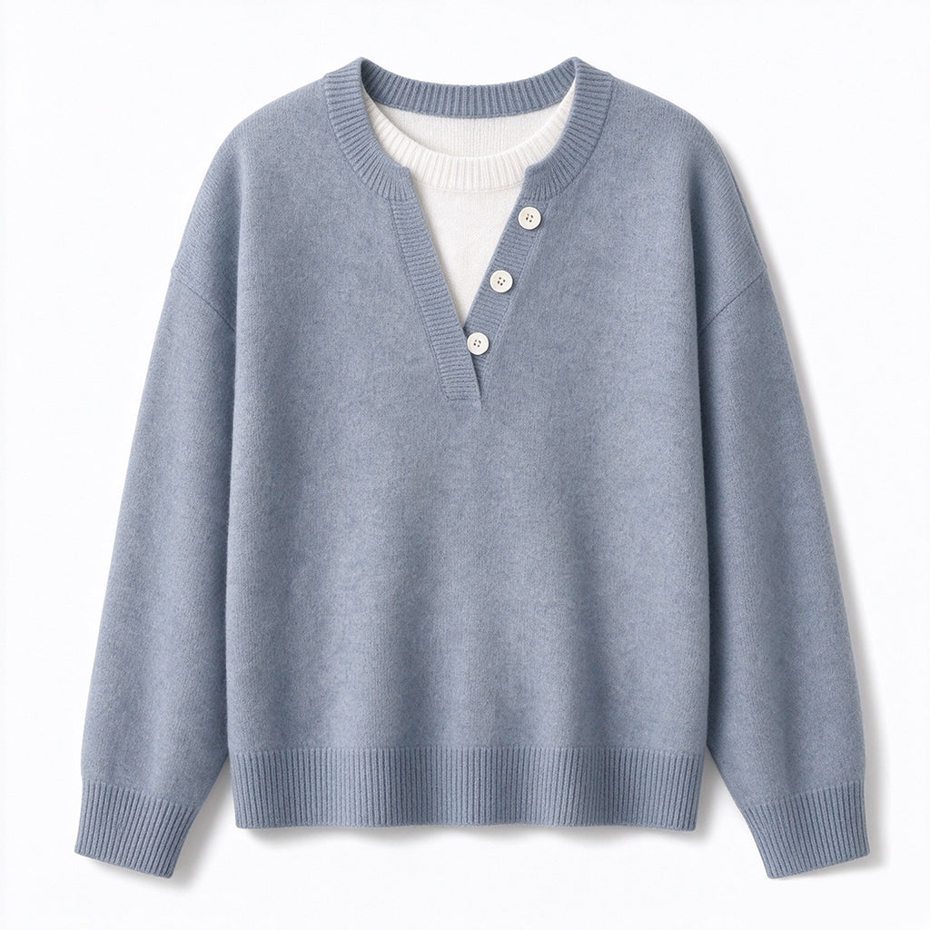Mock Zweiteiliger V-Ausschnitt Gestrickter Pullover mit Knopfdetails