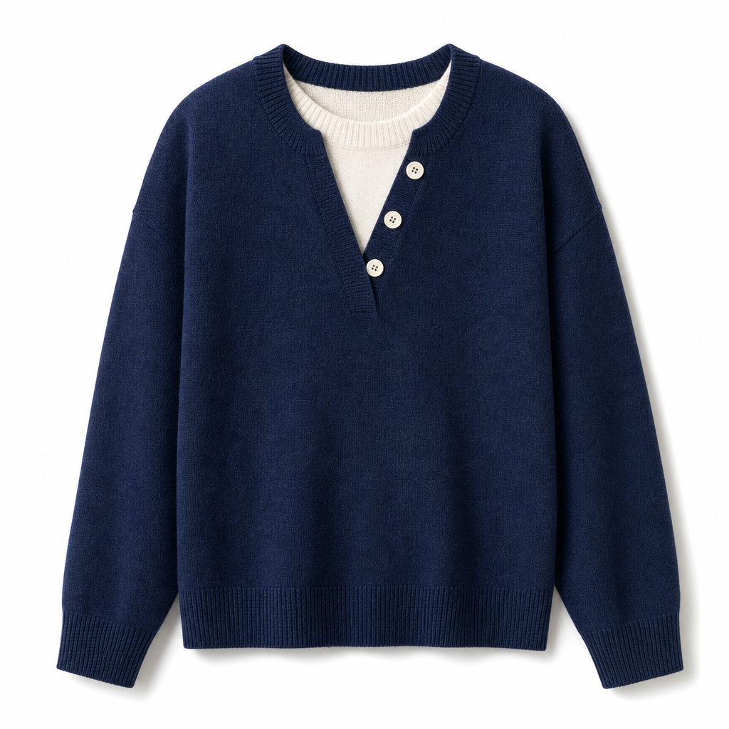 Mock Zweiteiliger V-Ausschnitt Gestrickter Pullover mit Knopfdetails