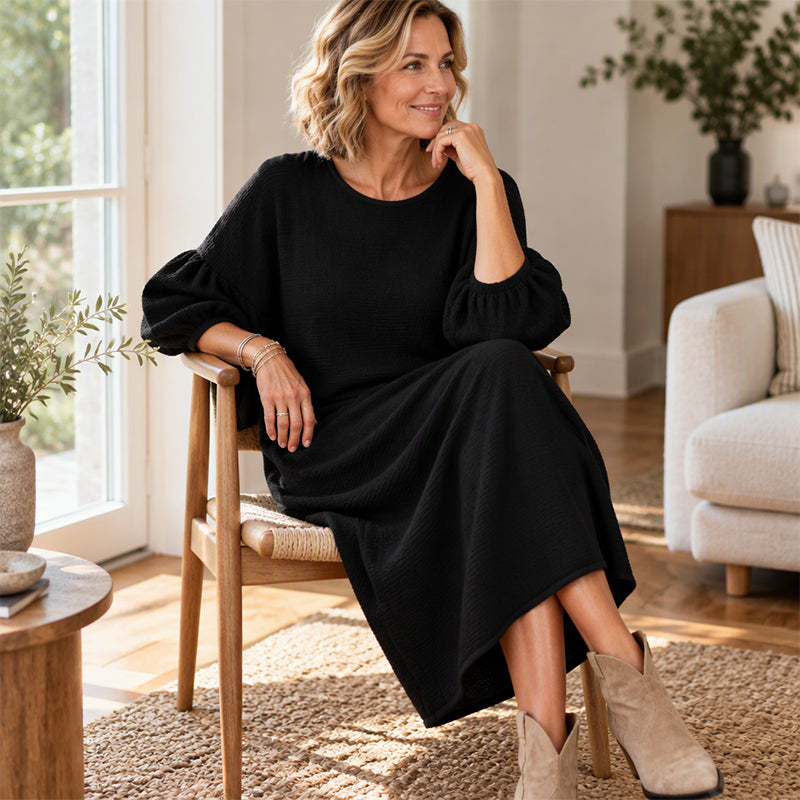 Damen Texturiertes Strick-Midi-Kleid mit Puffärmeln