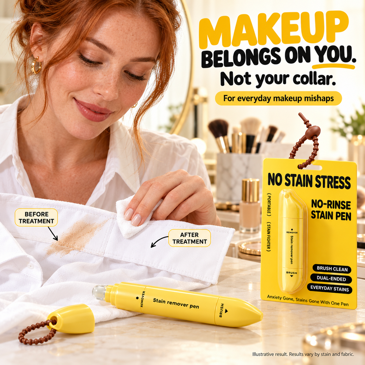 Tragbarer doppelköpfiger Fleckenentferner-Stift – Rollerball & Bürste, wasserfrei, für Make-up/Fett/Kaffee/Wein, 15 ml, gelb oder grün