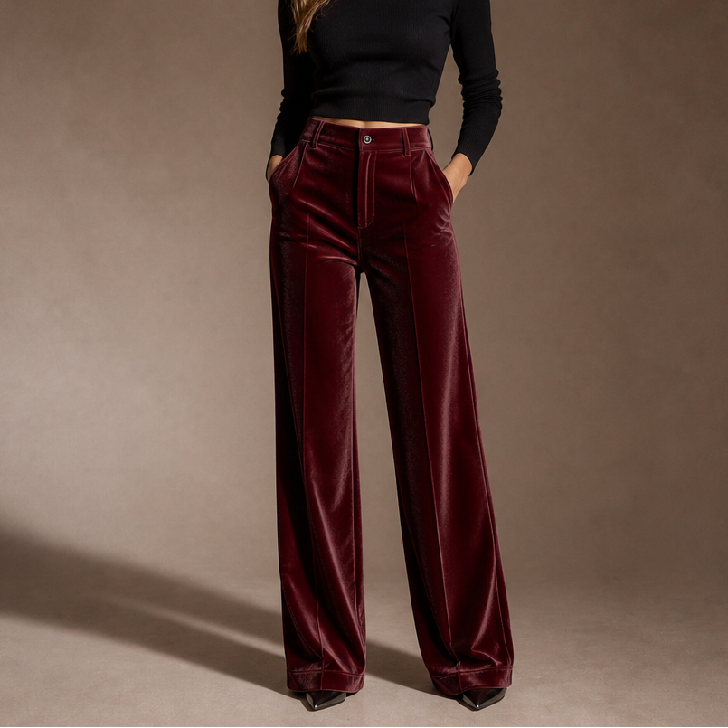 Samt-Hose mit hoher Taille und weitem Bein