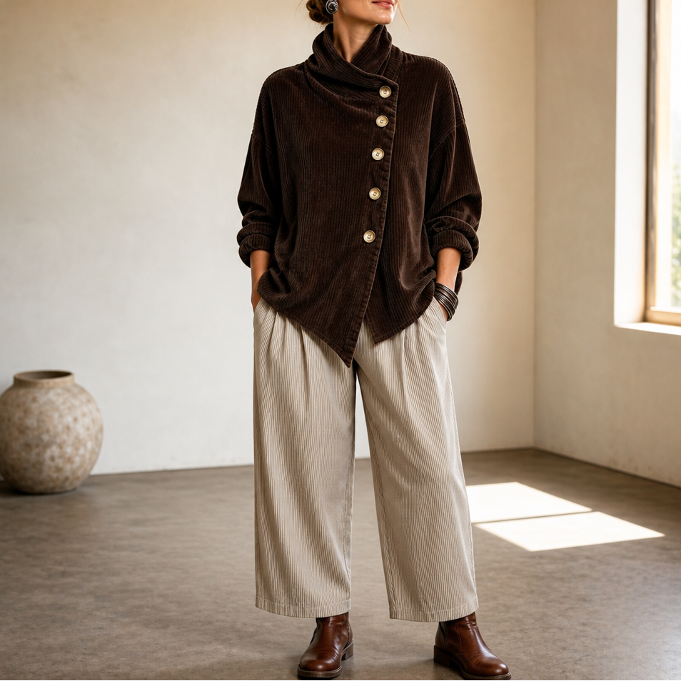 Funnel Collar Asymmetrisches Cord-Top mit Knopfleiste