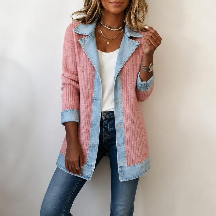 Gerippter Strickmantel mit Denim-Einsätzen