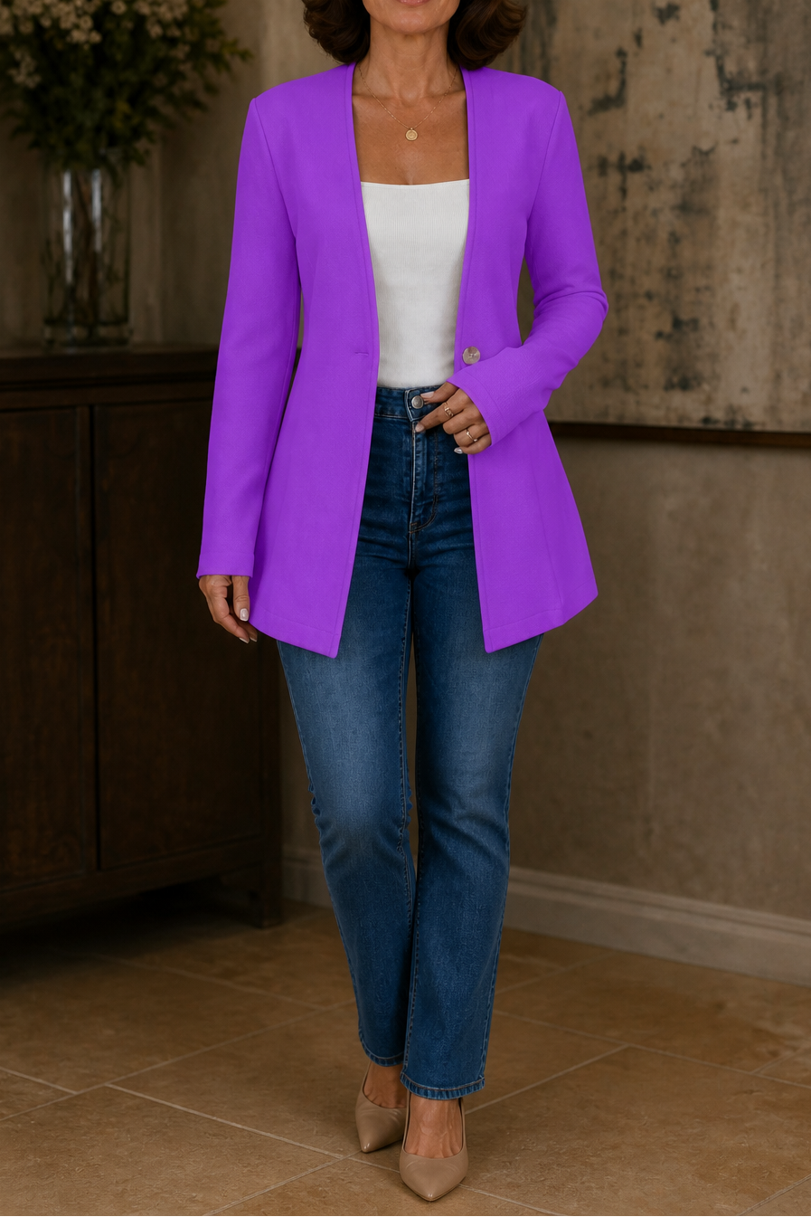V-Ausschnitt Einknopf A-Linien Blazer